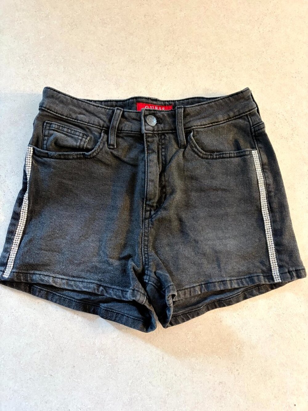 Y2K Guess Black Jean Shorts Women's Classic Design Size 27" Jewel Accents